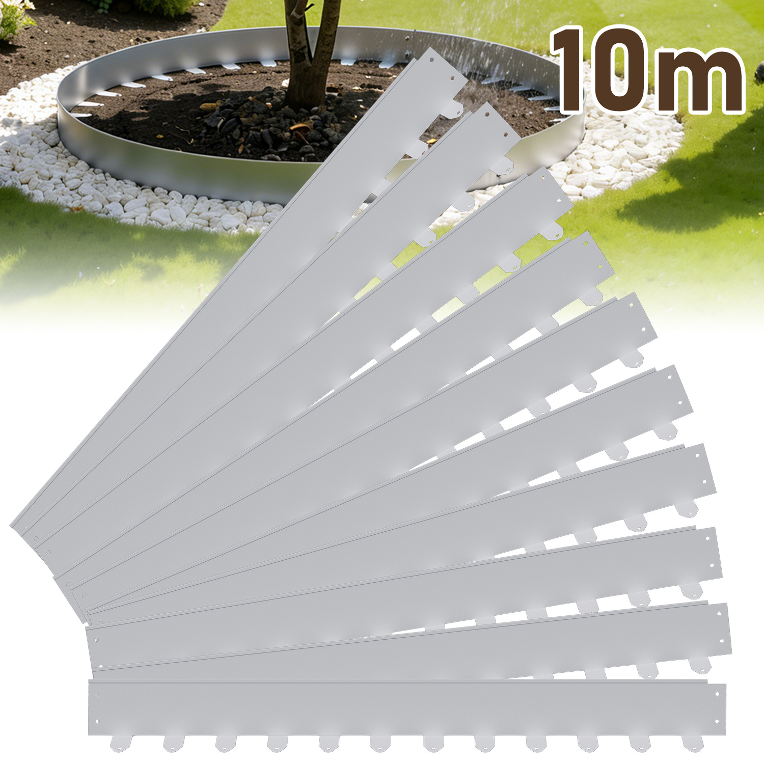 Randaco Bordüre Aus Flexiblem Stahl Für Garten & Rasen - 10 Paneele À 100 Cm (10 M Gesamtlänge) - Höhe 10 Cm - Farbe Silber - Inkl. 120 Erdankern & Befestigungsnägeln