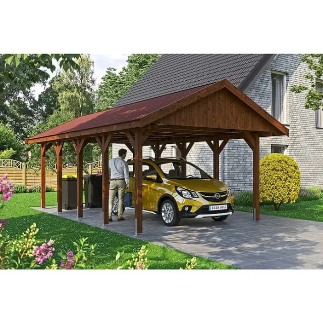 SKANHOLZ Carport »Wallgau«, BxT: 430 x 750 cm, Firsthöhe: 326 cm, lasiert - braun