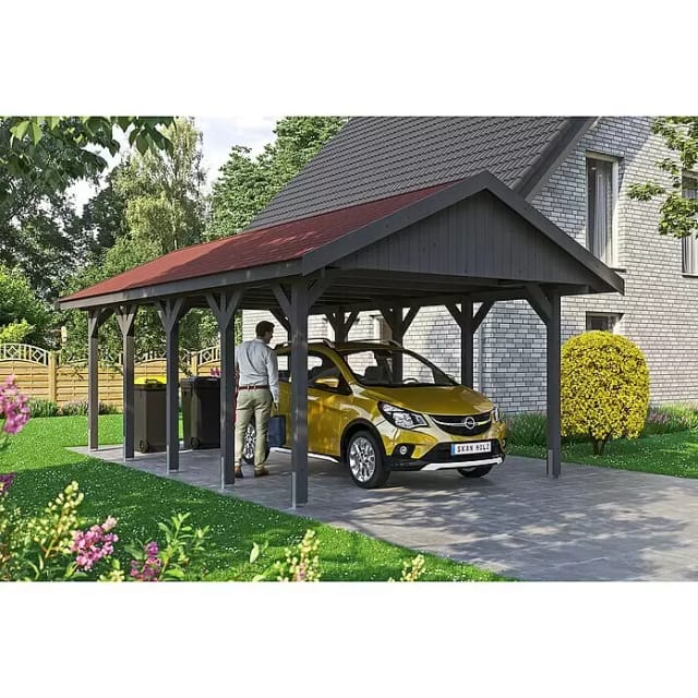 SKANHOLZ Carport »Wallgau«, BxT: 430 x 750 cm, Firsthöhe: 326 cm, lasiert - grau