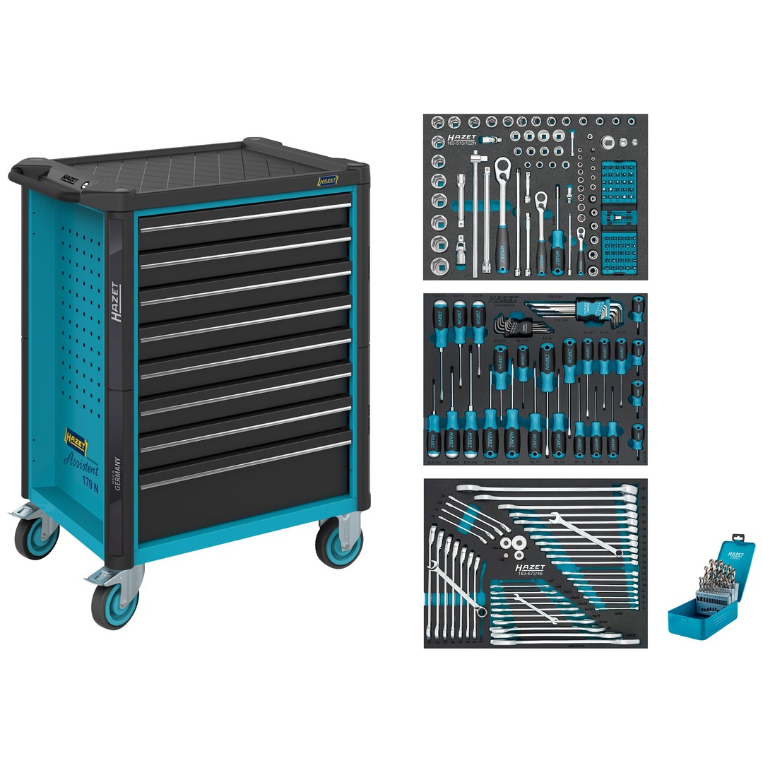 Hazet Werkstattwagen Assistent 179n, Sortiment, 234-tlg., Schubladen, Flach: 7× 81 X 522 X 398 Mm, Schubladen, Hoch: 1× 166 X 522 X 398 Mm