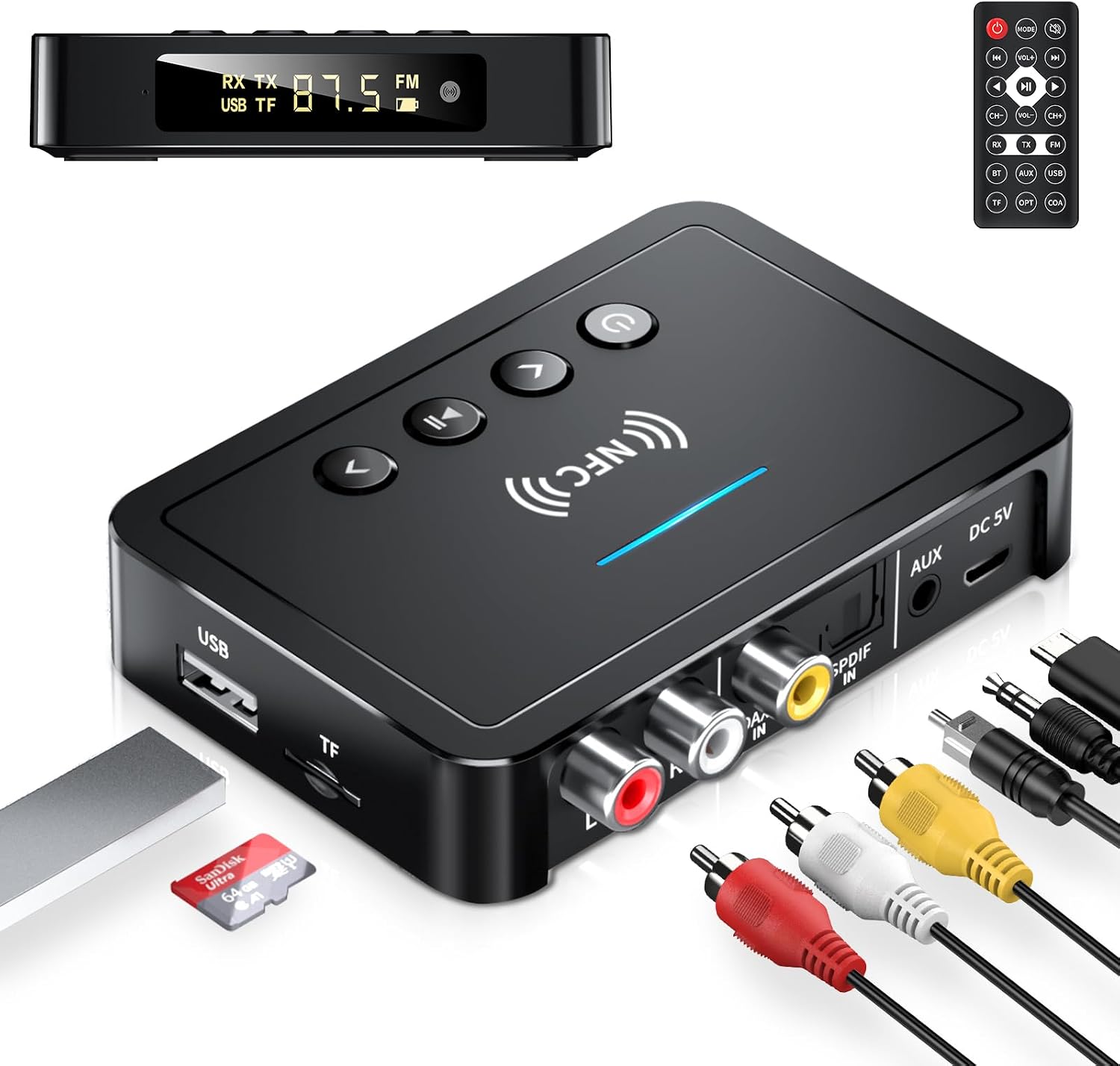 Bluetooth-transmitter, 3-in-1 Bluetooth 5.0 Sender/empfänger-adapter, Fm-autoradio, 3,5-mm-klinkenanschluss, Hifi, Rca/aux/optisch/koaxial Für Tv/pc/stereoanlage/kopfhörer/lautsprecher
