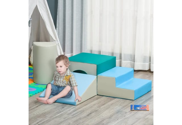 HOMCOM Kinder-Softplay-Set, hellgrau/blau/grün, Kunstleder/Schaumstoff - bunt