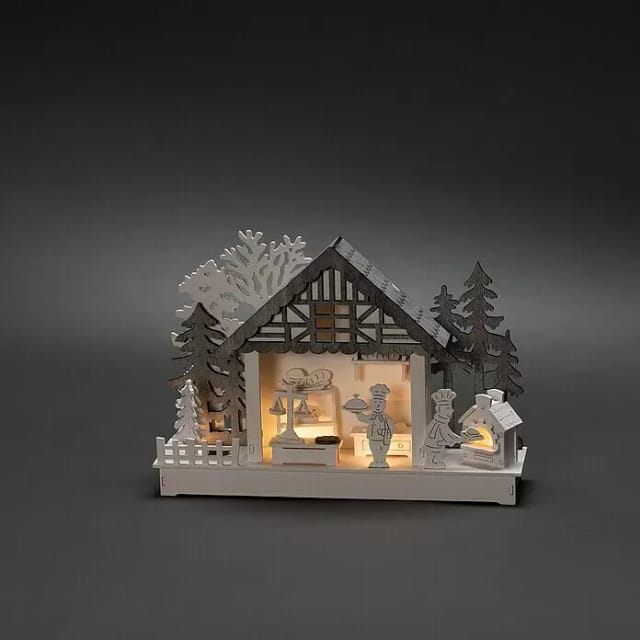 Konstsmide LED-Dekoration, Holzsilhouette Haus und Bäckerei, Batteriebetrieb, weiß - weiss