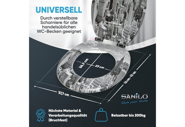 Sanilo WC-Sitz, BxL: 37,7 x 47 cm, Skyline New York - grau