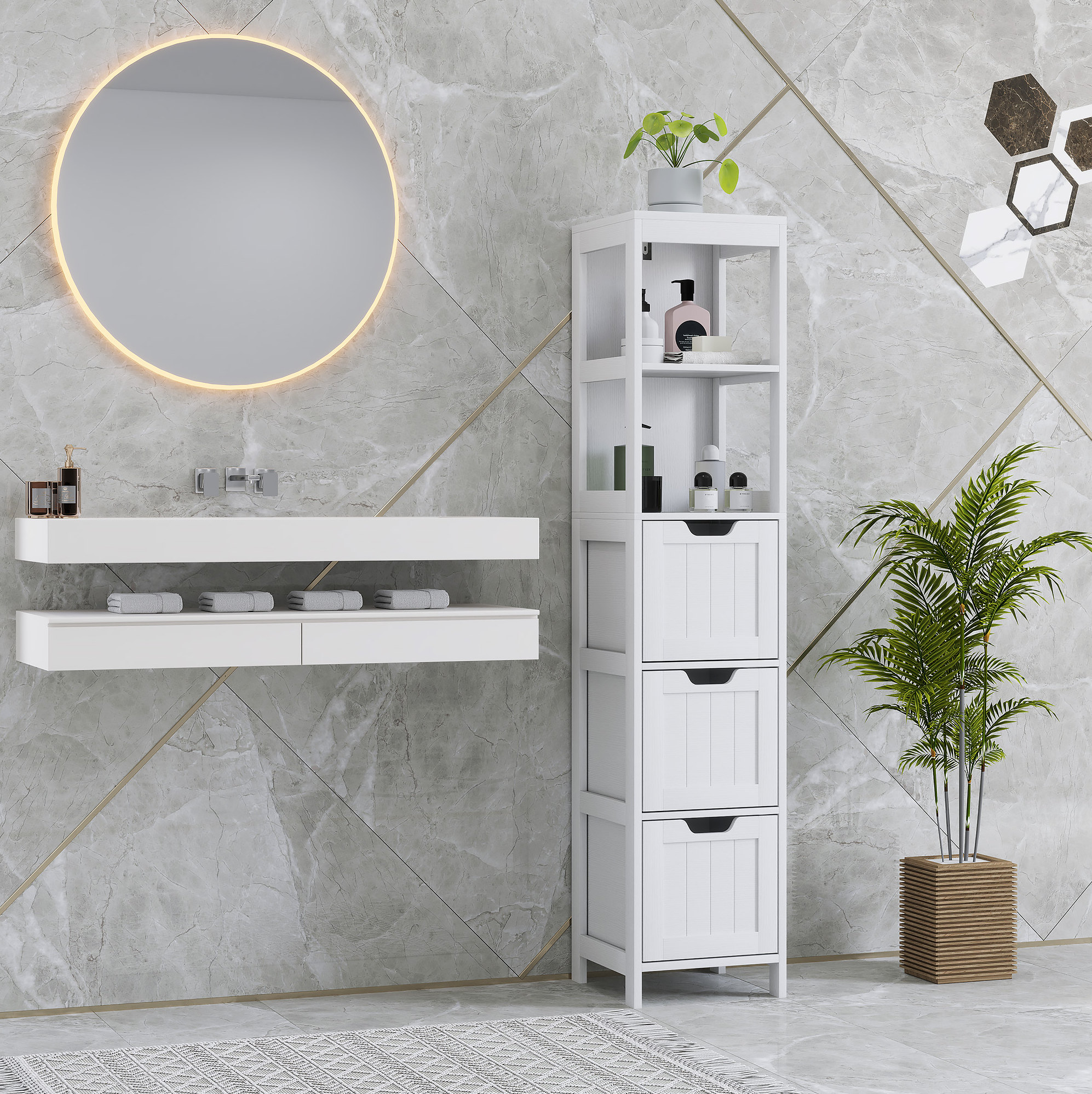Badezimmerschrank Aus Holz, Weiß, 30 Cm Breit, Hochschrank Mit 3 Schubladen Und 2 Offenen Fächern