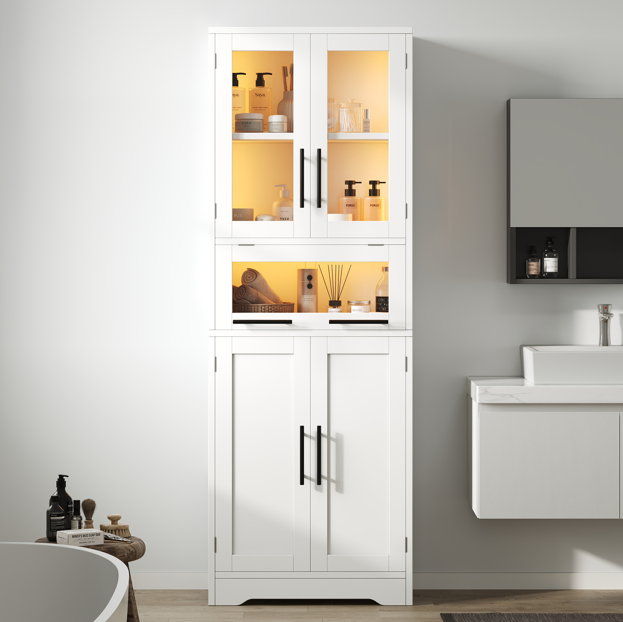 Badezimmer-hochschrank Mdf Und Glas Weiß 60 Cm Freistehend Mit Stauraum Und App-gesteuerter Led-beleuchtung