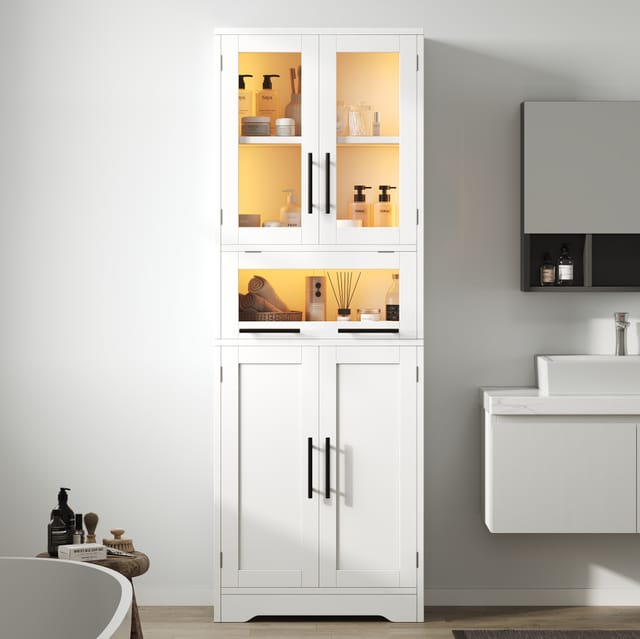 Badezimmer-hochschrank Mdf Und Glas Weiß 60 Cm Freistehend Mit Stauraum Und App-gesteuerter Led-beleuchtung