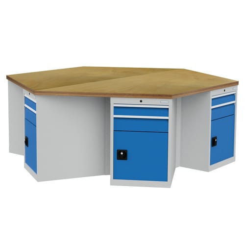 Bedrunka + Hirth 6-Eck-Werkbank, BxHxT: 250 x 85,9 x 216,5 cm, Gestell: Stahlblech - grau
