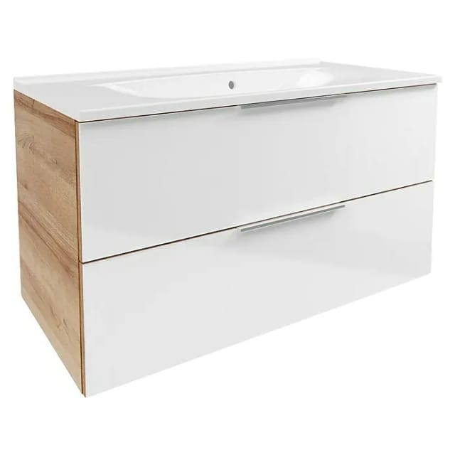 FACKELMANN Badmöbel-Set »B.Brillant«, Waschplatz 100 cm, Gussbecken, Asteiche-Glas, weiss, 1000 x 542 x 489 mm