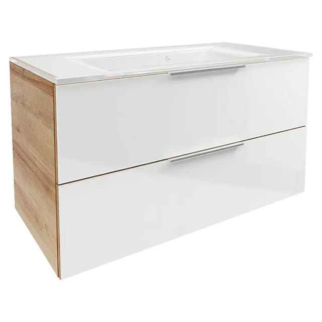FACKELMANN Badmöbel-Set »B.Brillant«, Waschplatz 100 cm, Glasbecken, Asteiche-Glas, weiss, 1000 x 542 x 489 mm