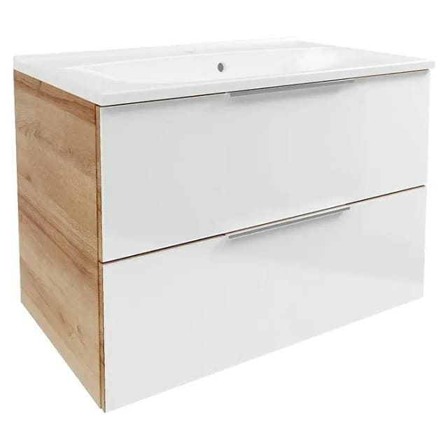 FACKELMANN Badmöbel-Set »B.Brillant«, Waschplatz 80 cm, Gussbecken, Asteiche-Glas, weiss, 800 x 542 x 489 mm