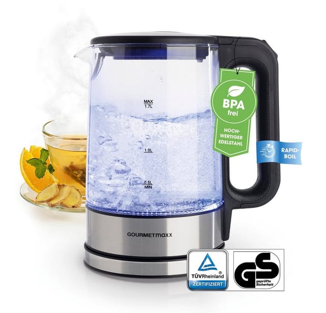 GOURMETmaxx Glas-Wasserkocher, 1,7 l, 2200 W, mit Antikalk-Filter - silberfarben