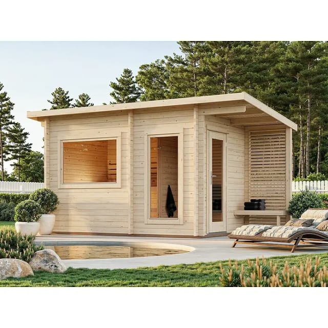 PALMAKO Saunahaus »Sanna«, B x H x T: 350 x 249 x 210 cm, naturbelassen, Fichtenholz - braun