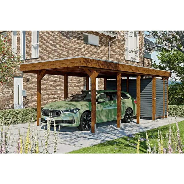 SKANHOLZ Einzelcarport »Friesland Set 12«, 314 x 708 cm (BxT), mit Abstellraum, nussbaum - braun