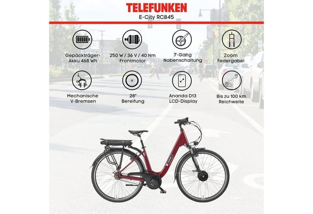 TELEFUNKEN E-Citybike »RC845«, 7-Gang-Nabenschaltung, Frontmotor, 468 Wh, Weinrot - Größe 28
