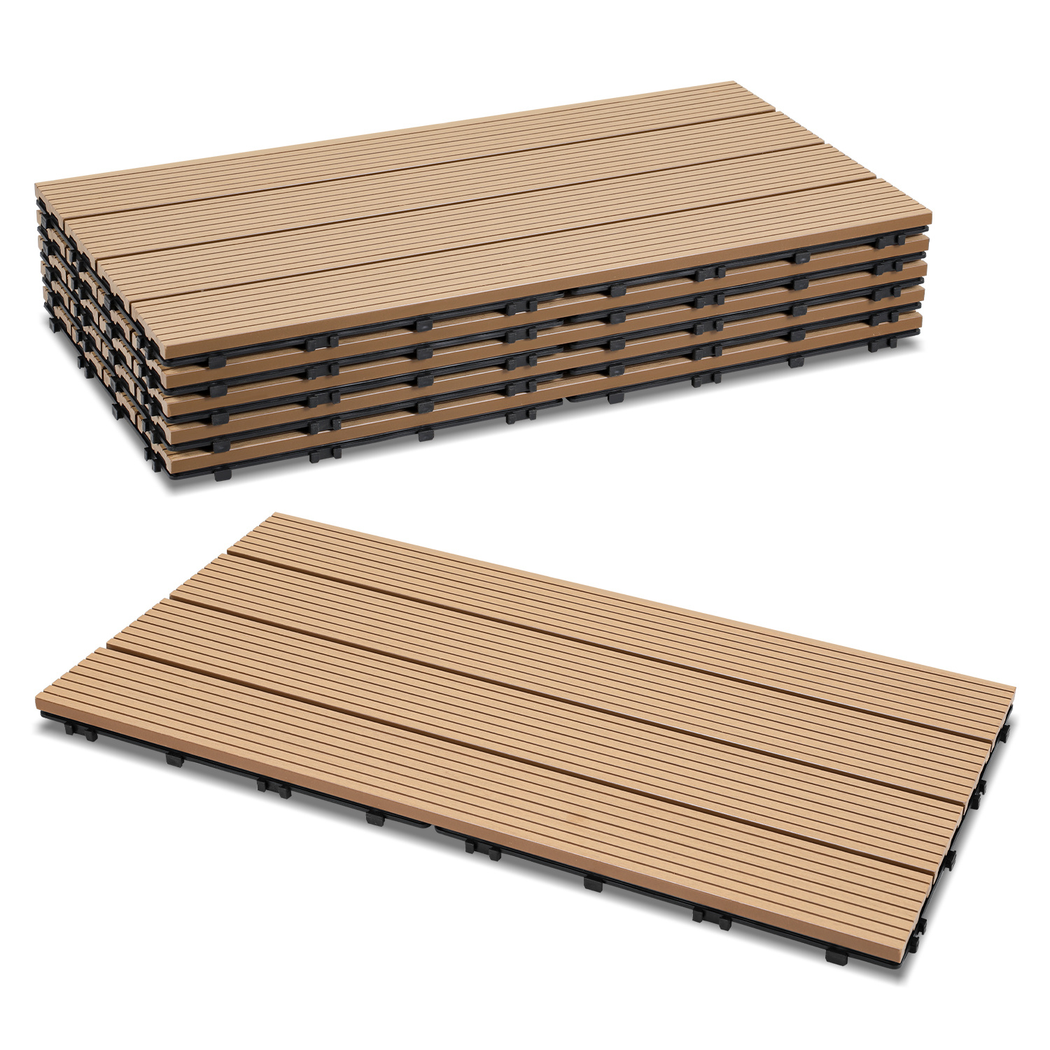 Wolketon 30er Set Wpc Terrassenfliesen Für Garten, 4 Lamellen, 30 × 60 Cm, Klicksystem, Holz-kunststoff-verbund In Teakoptik