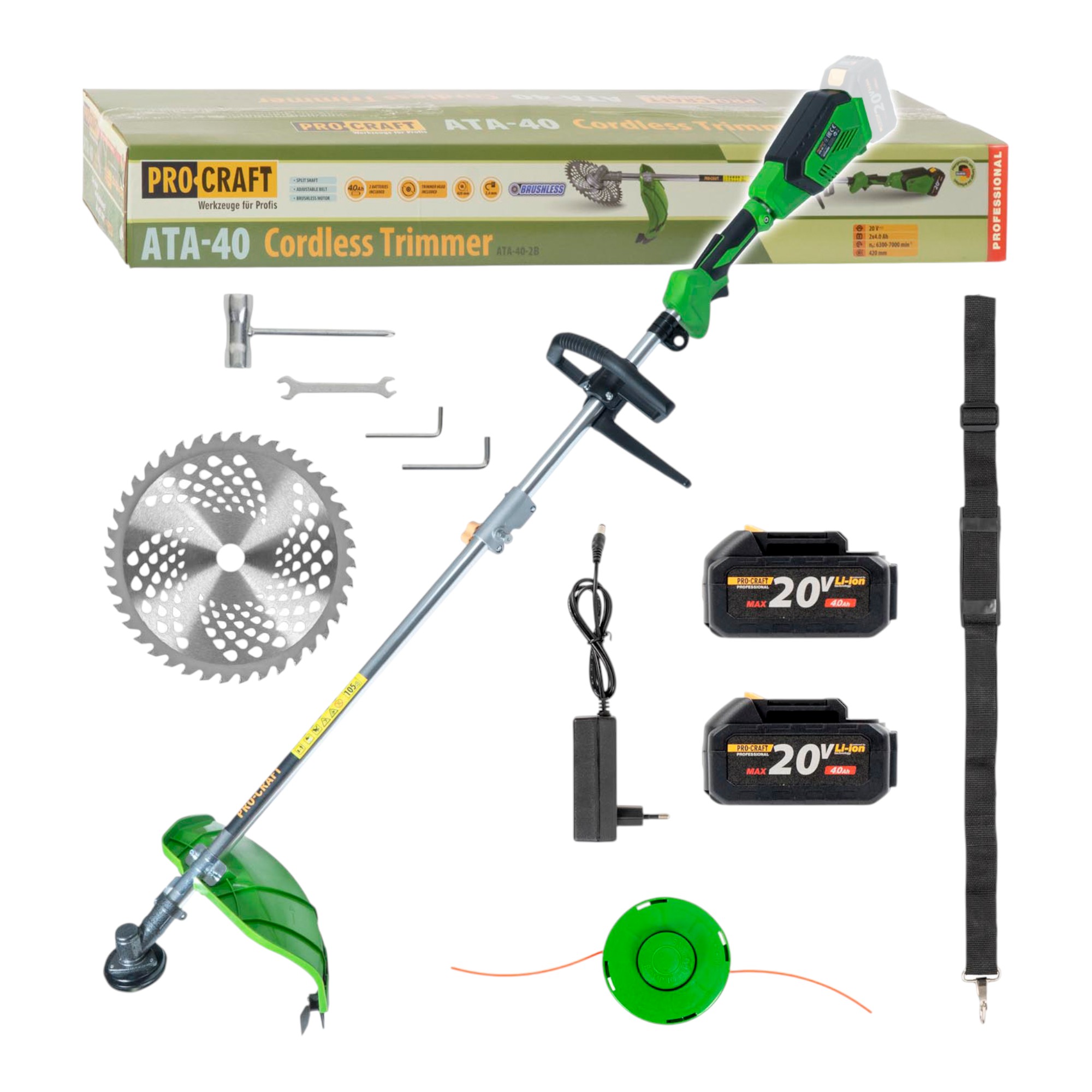 Procraft Ata-40 Akku Freischneider 20 V 420 Mm Brushless + 2x Akku 4,0 Ah + Ladegerät