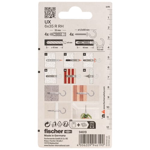FISCHER Universaldübel »UX«, 6 mm x 35 mm, inkl. Haken - silberfarben