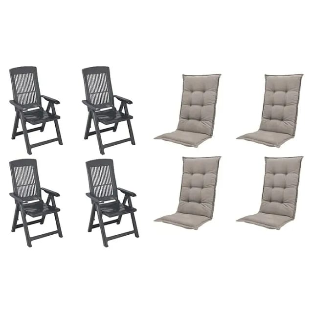 MADISON Gartenmöbelset »SET Tampa«, 4 x Klappsessel anthrazit, 4 x Auflage taupe - grau