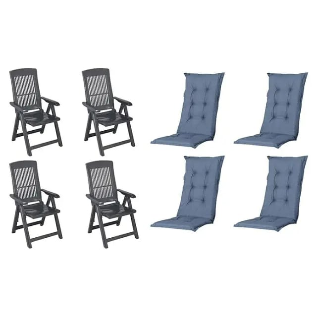 MADISON Gartenmöbelset »SET Tampa«, 4 x Klappsessel anthrazit, 4 x Auflage kobalt - grau