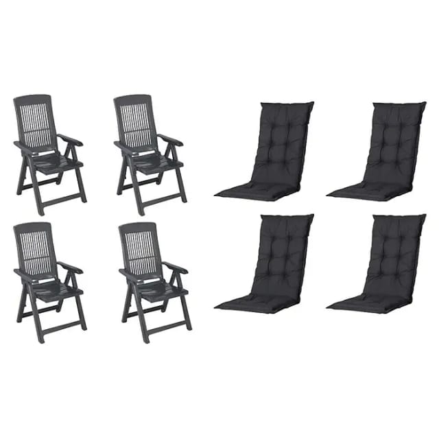 MADISON Gartenmöbelset »SET Tampa«, 4 x Klappsessel anthrazit, 4 x Auflage black - grau