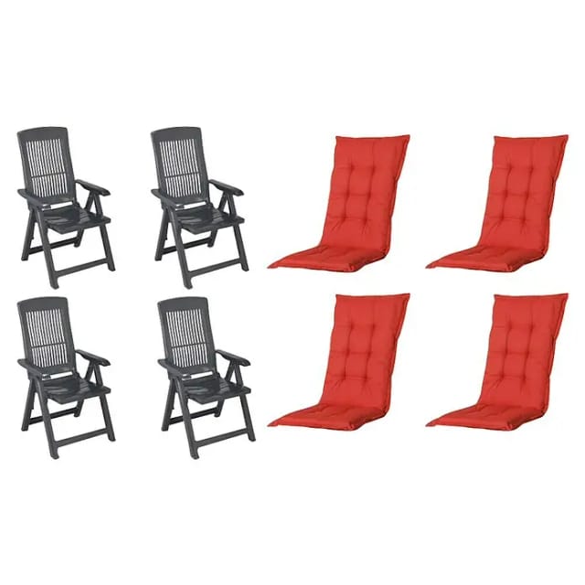 MADISON Gartenmöbelset »SET Tampa«, 4 x Klappsessel anthrazit, 4 x Auflage red - grau