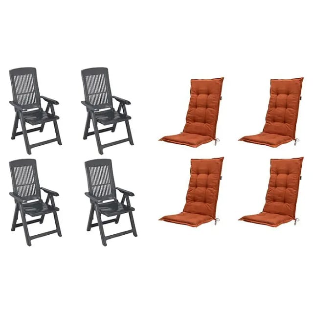 MADISON Gartenmöbelset »SET Tampa«, 4 x Klappsessel anthrazit, 4 x Auflage terra - grau