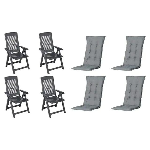 MADISON Gartenmöbelset »SET Tampa«, 4 x Klappsessel anthrazit, 4 x Auflage grau