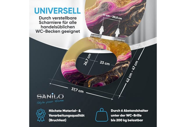 Sanilo WC-Sitz »Marmor Brillante«, WC Sitz mit Absenkautomatik Marmor Brill, Gold, Oval - goldfarben