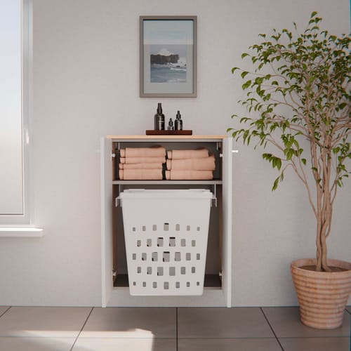 FACKELMANN Doppel-Midischrank »B.Style«, 2 Türen, inkl. Wäschekorb, Sandeiche/Weiss, 602 x 826 x 320 mm