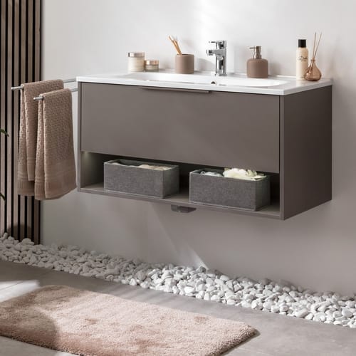 FACKELMANN Badmöbel-Set »B.Paris«, 905 mm, mit Spiegelelement, Cubanit Grau, mit Guss-Waschbecken