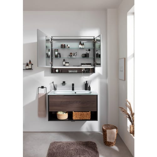 FACKELMANN Badmöbel-Set »B.Paris«, 905 mm, mit Spiegelschrank, Schwarz/Rigoletto, mit Glaswaschbecken - braun