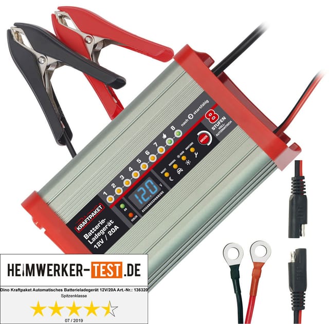 Dino KRAFTPAKET Kfz-Batterieladegerät, für 12-V-Batterien, 20 A, Nacht- und Camping-Funktion