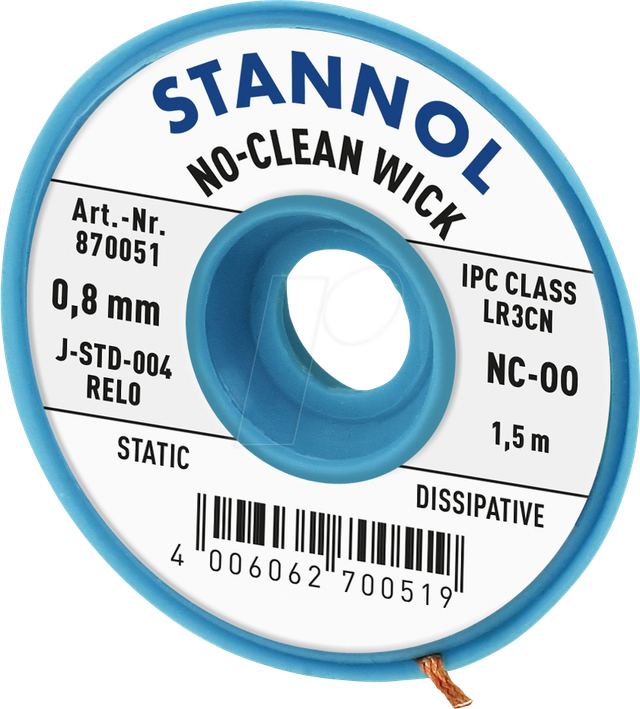 Stannol No-Clean Entlötlitze, ESD-verpackt, 1,5 m lang, 0,8 mm breit