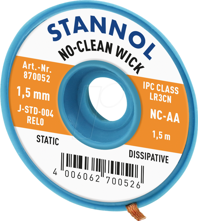 Stannol No-Clean Entlötlitze, ESD-verpackt, 1,5 m lang, 1,5 mm breit