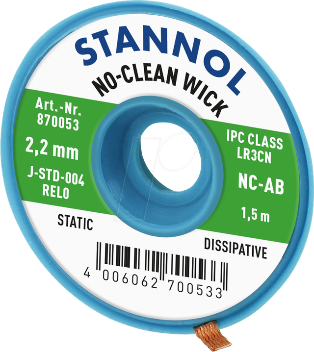 Stannol No-Clean Entlötlitze, ESD-verpackt, 1,5 m lang, 2,2 mm breit
