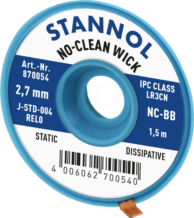 Stannol No-Clean Entlötlitze, ESD-verpackt, 1,5 m lang, 2,7 mm breit