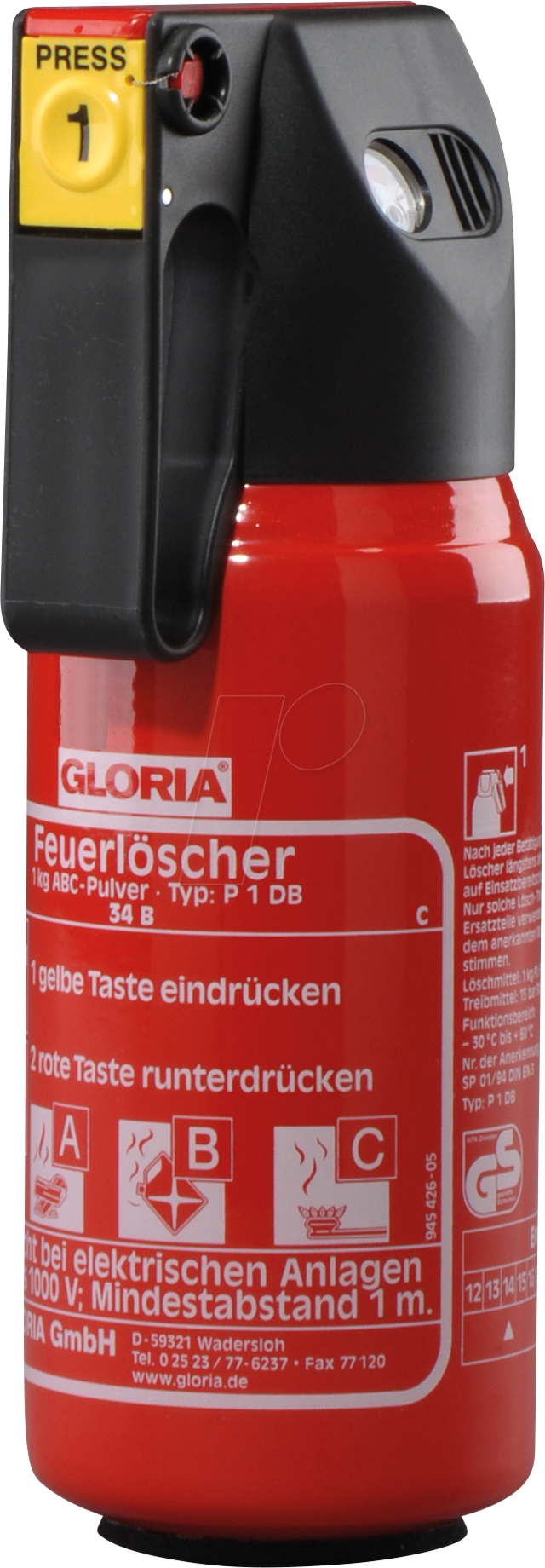 GLORIA Kompakt-Pulver-Feuerlöscher mit Manometer P1DB für Kfz und Eigenheim, Brandklassen ABC, 1 kg