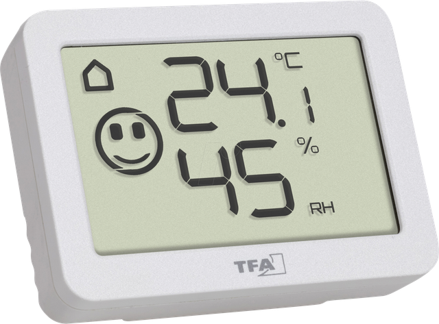 TFA Thermo-Hygrometer mit Smiley-Klimakomfortanzeige, Raumtemperatur, Luftfeuchte (rH), weiß
