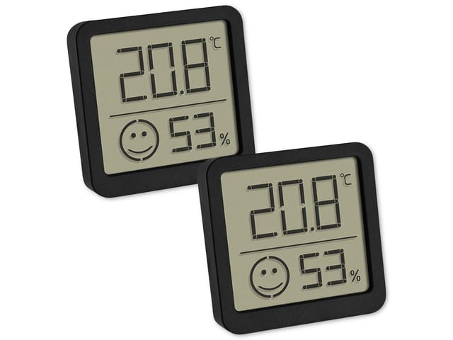 TFA 2er-Set Thermo-Hygrometer mit Smiley-Klimakomfortanzeige, Raumtemperatur, Luftfeuchte, schwarz