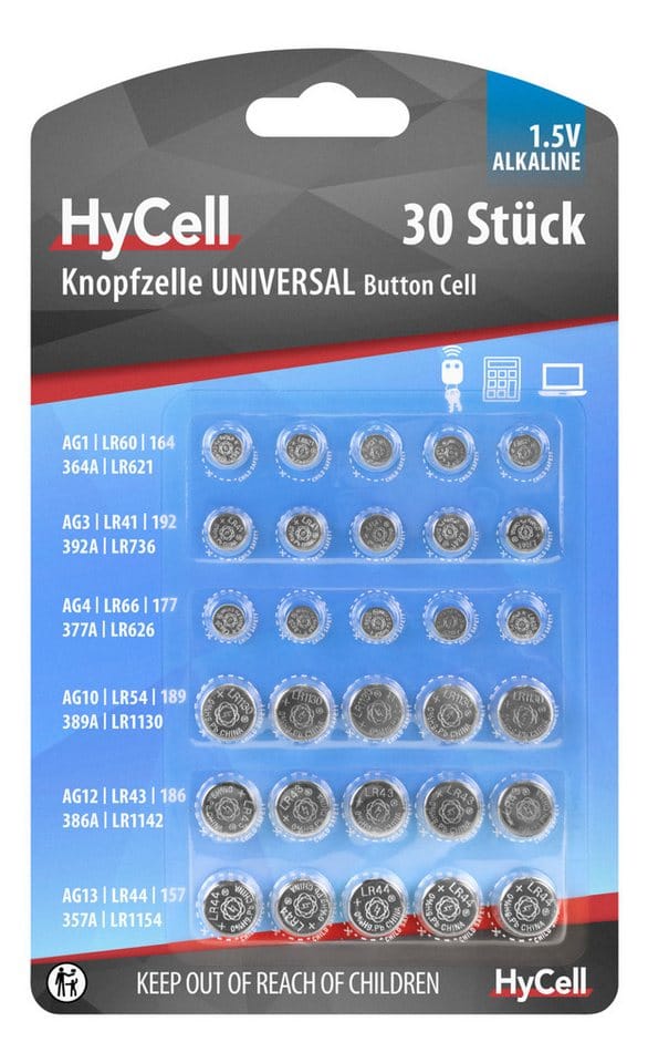 Hycell Alkaline-Knopfzellen-Set, 1,5 V, 30 Stück