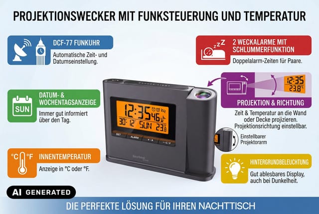 technoline Funk-Projektionswecker WT536 mit Datums- und Wochentagsanzeige, Raumtemperaturanzeige