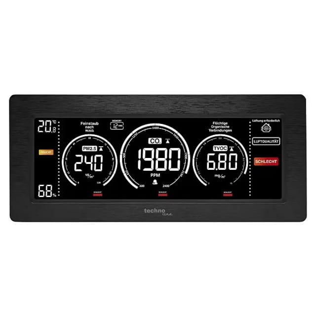 technoline Luftgüte-Monitor WL1035 - CO2, TVOC, Feinstaub, Temperatur, Luftfeuchte, Ampel-Anzeigen