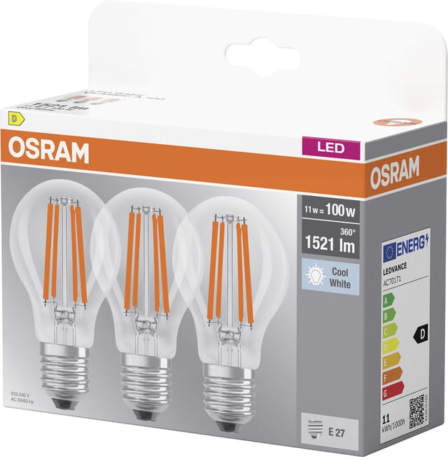 Osram LED Base Classic A 100 Filament, 11 W, 1521 lm, E27, kaltweiß, klar, 3er Pack
