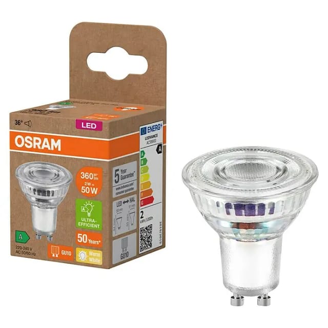 OSRAM Hocheffiziente 2-W-LED-Reflektorlampe SUPERSTAR+, GU10, 360 lm, 36 °, 2700 K, 180 lm/W, EEK A