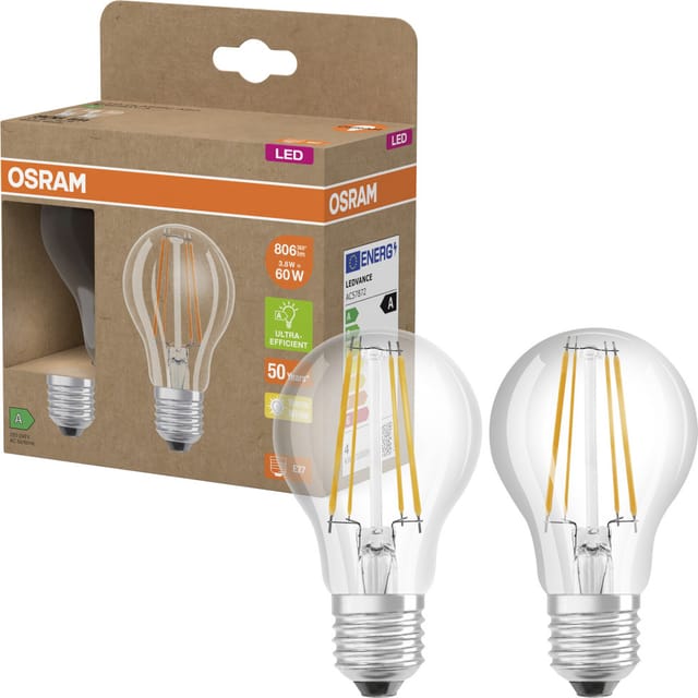 Osram LED Classic A 60, Filament, EEK A, 3,8 W, 806 lm, E27, warmweiß, klar, 2er Pack