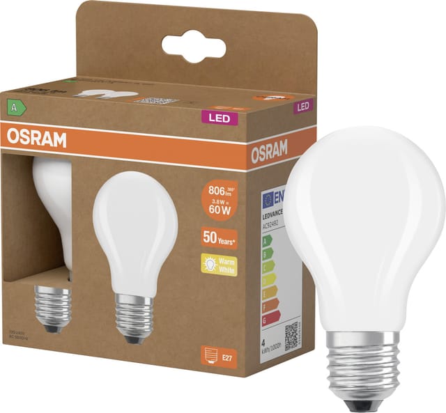 Osram LED Classic A 60, Filament, EEK A, 3,8 W, 806 lm, E27, warmweiß, matt, 2er Pack