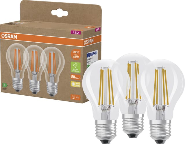 Osram LED Classic A 60, Filament, EEK A, 3,8 W, 806 lm, E27, warmweiß, klar, 3er Pack
