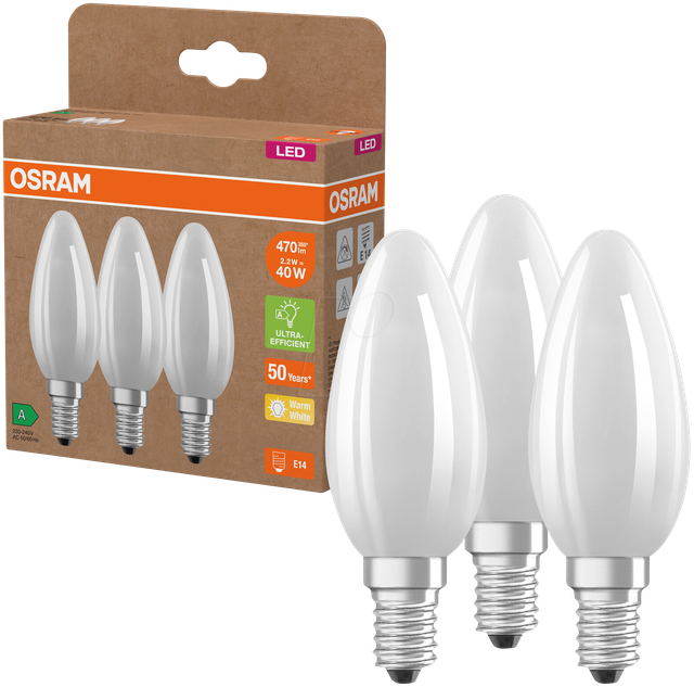 Osram LED Classic B 40, Filament, EEK A, 2,2 W, 470 lm, E14, warmweiß, matt, 3er Pack