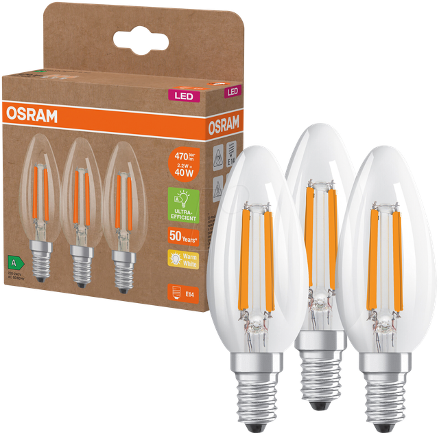 Osram LED Classic B 40, Filament, EEK A, 2,2 W, 470 lm, E14, warmweiß, klar, 3er Pack